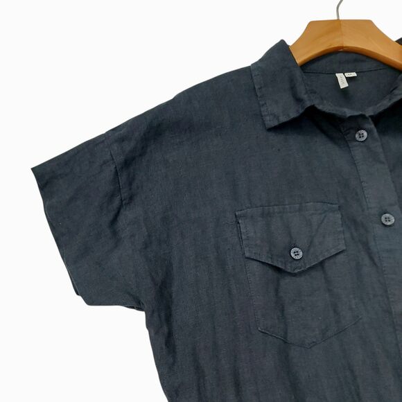 Seaside Tones Romper Womens Medium Navy 100% Linen Short Sleeve Beach Coastal - Picture 4 of 12